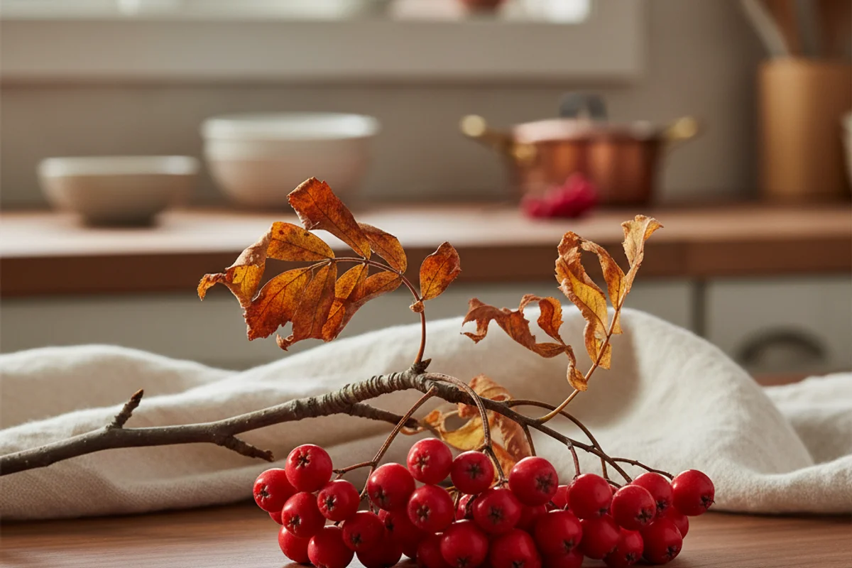 Mountain ash berries in a rustic ceramic bowl on a walnut surface in warm natural light