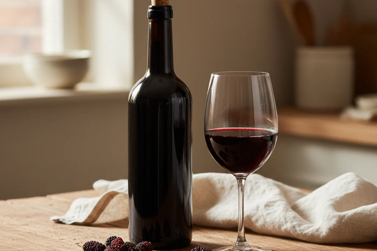 Fresh mulberry clusters beside a glass of deep red wine on a sunlit walnut surface with cream linen