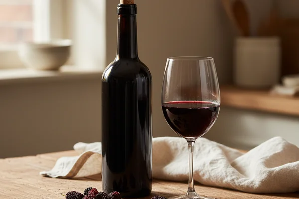 Fresh mulberry clusters beside a glass of deep red wine on a sunlit walnut surface with cream linen