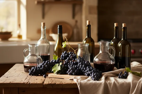 Clusters of muscadine grapes beside a glass of deep red wine on a walnut surface in soft natural light