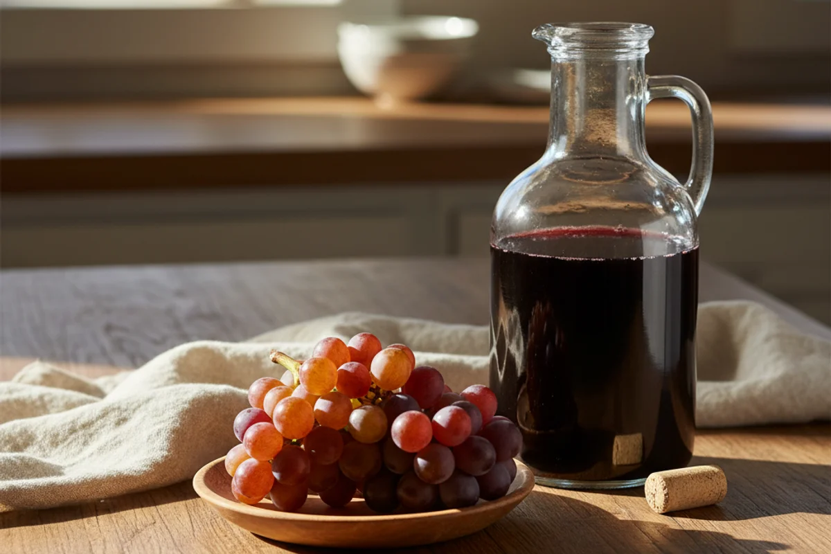 Fresh muscadine grapes beside a one-gallon glass fermentation jug on a warm walnut surface