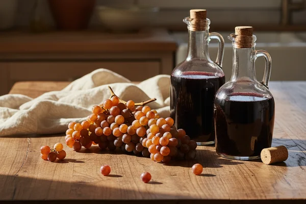 Muscadine grapes and a glass of deep red wine on a walnut surface in warm natural light