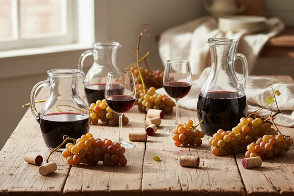 Deep purple muscadine grapes mounded in a rustic bowl on a walnut surface beside a glass carboy