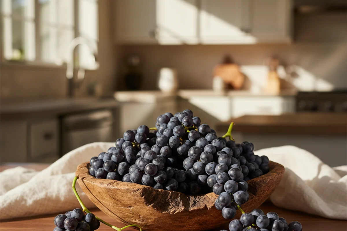 Cluster of deep purple muscadine grapes on a walnut surface in warm, soft natural light