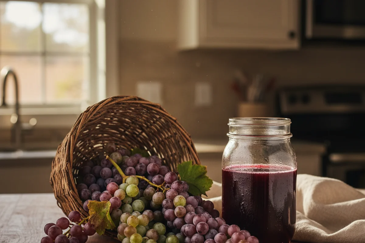 Mustang grape juice in a glass jar on a walnut surface, soft natural light, cream linen backdrop