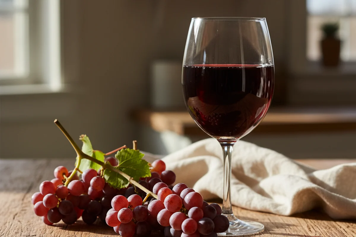 Deep purple mustang grape wine in a glass beside clusters of wild grapes on a walnut surface