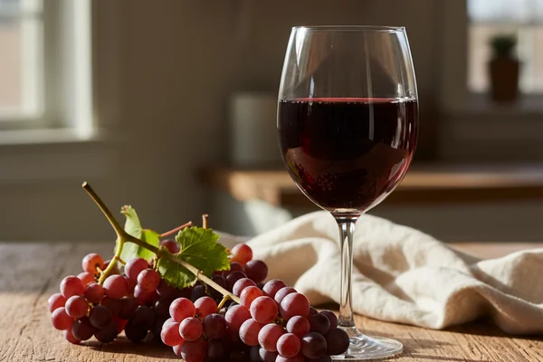 Deep purple mustang grape wine in a glass beside clusters of wild grapes on a walnut surface