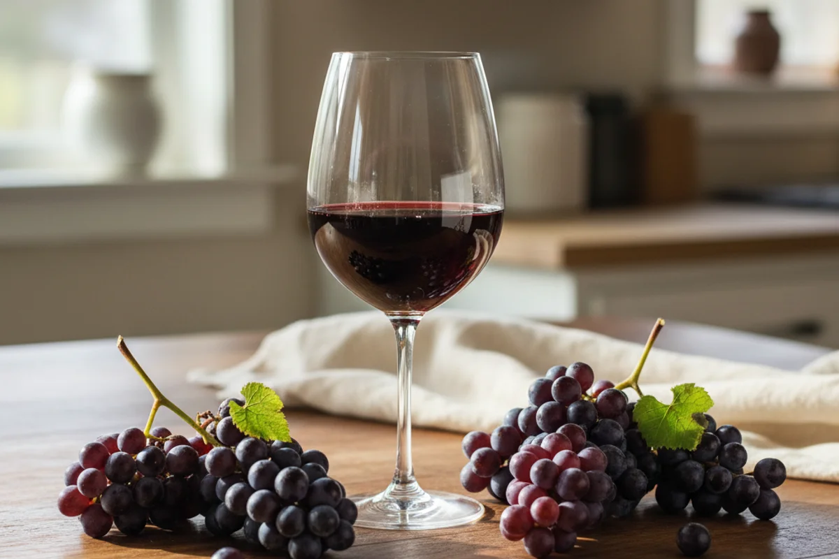Dry red Mustang grape wine in a glass beside fresh dark wild grapes on a walnut surface