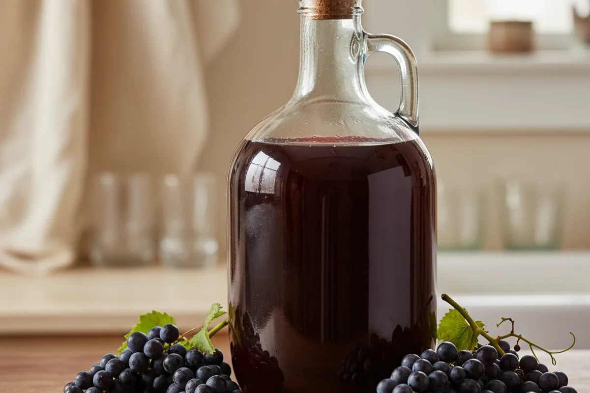 Cluster of dark wild mustang grapes beside a one-gallon glass fermentation jug on a walnut surface