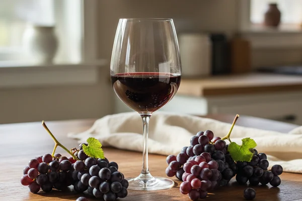 Dry red Mustang grape wine in a glass beside fresh dark wild grapes on a walnut surface