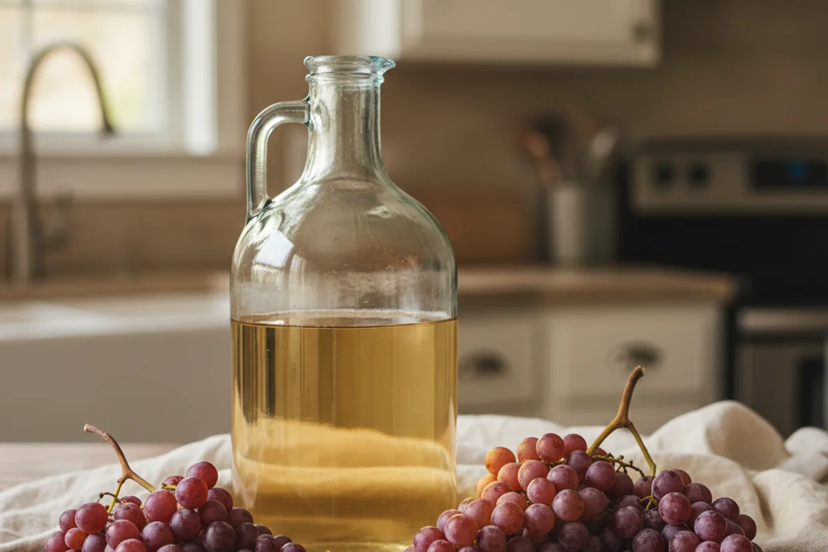 Pale golden Mustang grape wine in a glass beside fresh wild grapes on a walnut surface in warm light