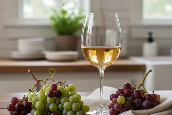 Pale golden Mustang grape wine in a stemmed glass beside fresh wild grapes on a walnut surface