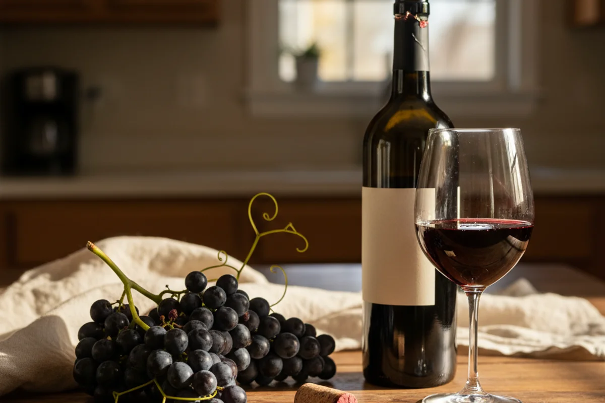 Cluster of dark mustang grapes beside a one-gallon glass fermentation jug on a walnut surface in warm light
