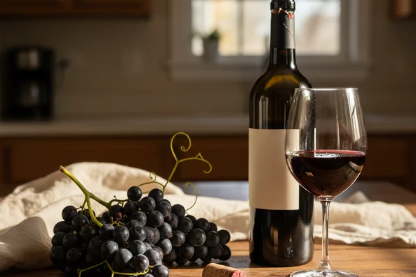 Cluster of dark mustang grapes beside a one-gallon glass fermentation jug on a walnut surface in warm light