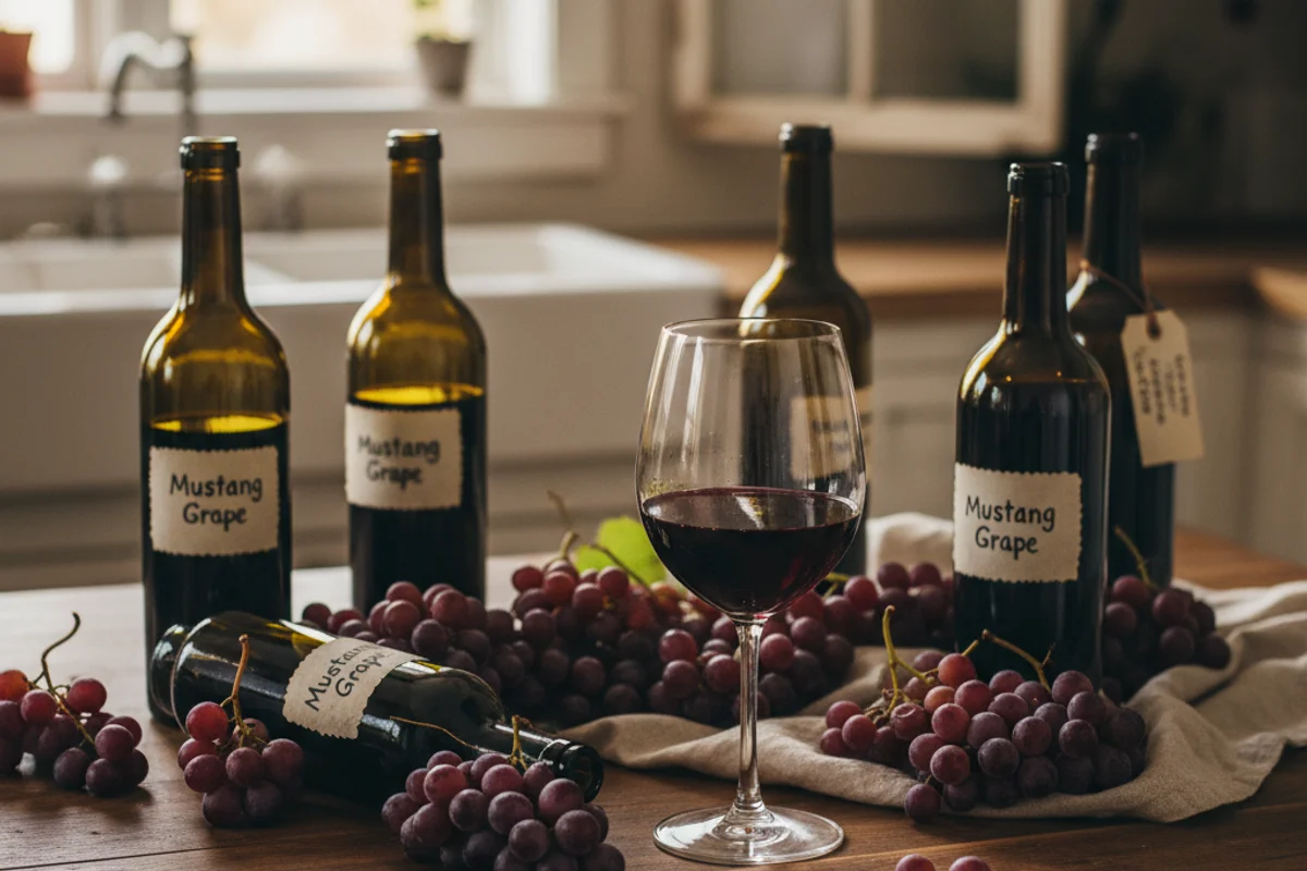 Clusters of dark wild mustang grapes beside a glass of deep red sweet wine on a walnut surface
