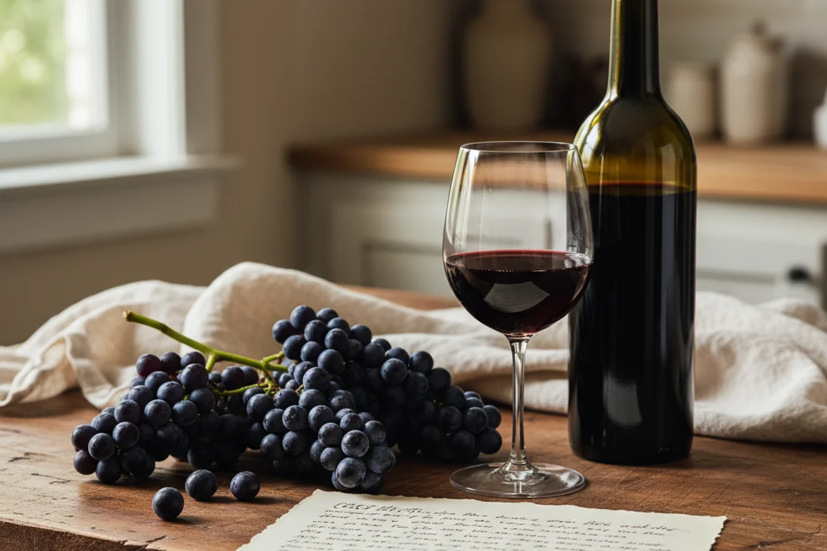 Cluster of dark wild mustang grapes beside a one-gallon glass fermentation jug on a walnut surface