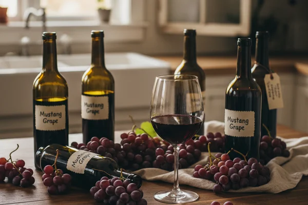 Clusters of dark wild mustang grapes beside a glass of deep red sweet wine on a walnut surface