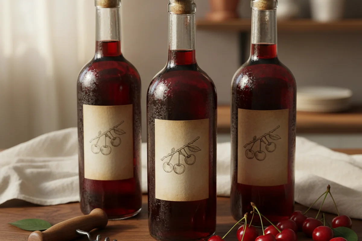 Small clusters of bright red Nanking cherries beside a glass of blush wine on a walnut surface