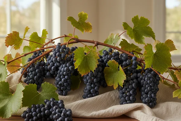 Wild Vitis riparia grape clusters trailing over a rustic walnut surface in warm natural light