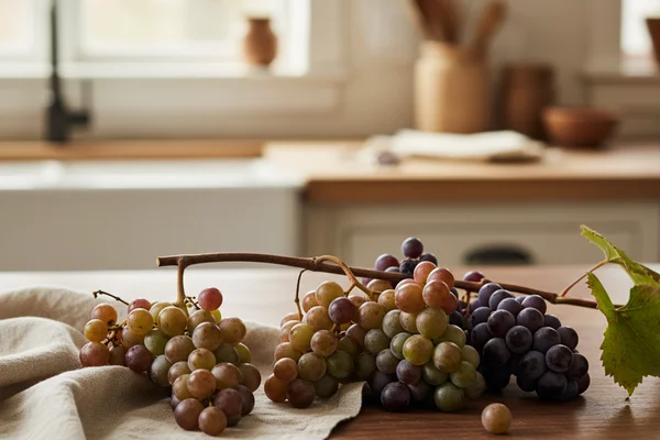 Clusters of deep purple muscadine grapes on a walnut surface in warm natural light