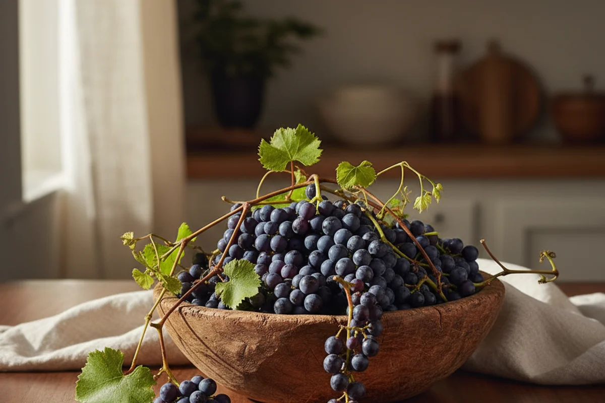 Wild Vitis rupestris grape clusters on a walnut surface beside a glass of deep ruby homemade wine