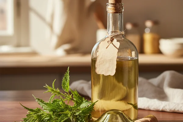 Fresh nettle wine in a glass jar on a walnut surface, soft natural light, cream linen backdrop