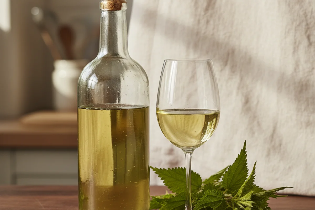 Fresh nettle wine in a glass jar on a walnut surface beside dried nettles in soft natural light