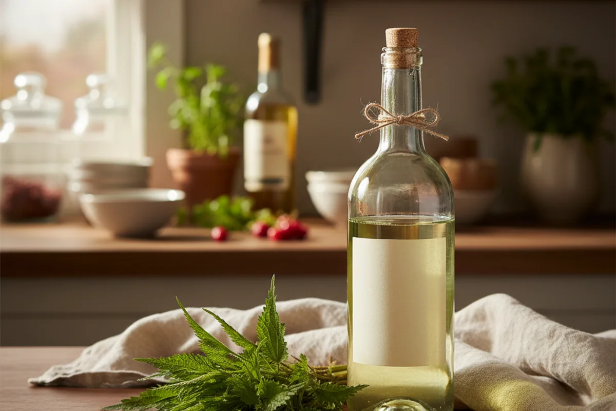 Young stinging nettles beside a glass of pale green wine on a warm walnut surface in soft natural light