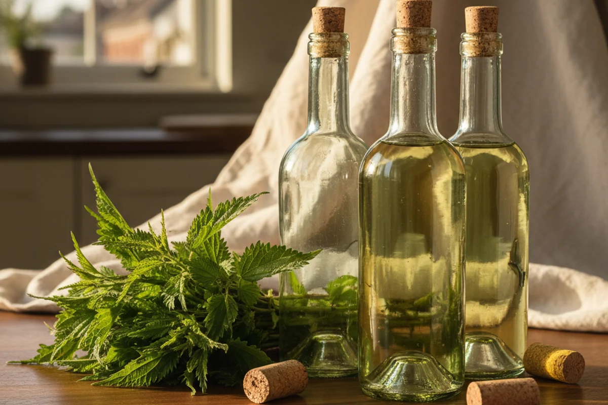 Young stinging nettles in a ceramic bowl on a walnut surface beside a glass carboy and soft linen cloth