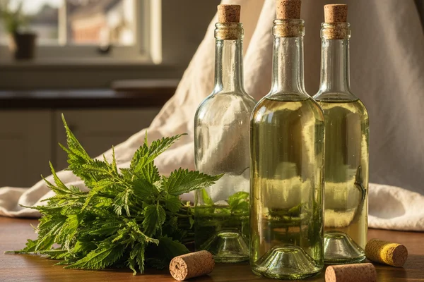 Young stinging nettles in a ceramic bowl on a walnut surface beside a glass carboy and soft linen cloth