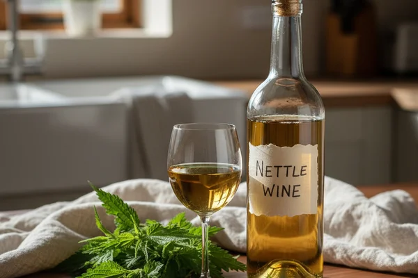 Young stinging nettles in a cream linen cloth beside a glass of pale green wine on a walnut surface