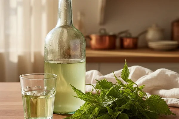 Fresh stinging nettles beside a glass of pale green wine on a warm walnut surface in soft natural light