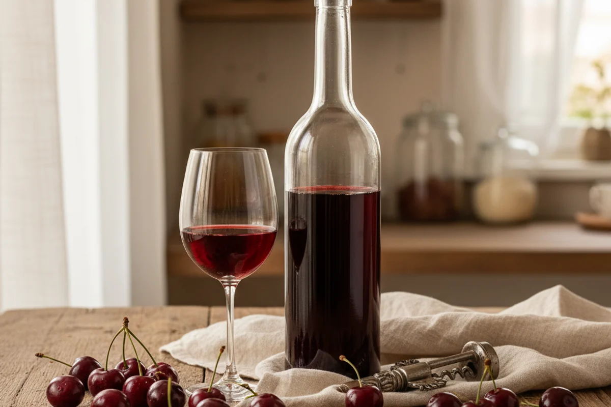 Fresh dark cherries in a rustic bowl on a walnut surface beside a glass of deep red cherry wine