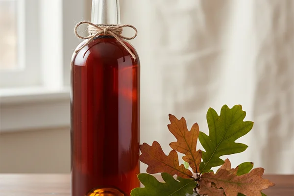 Fresh oak leaves beside a rustic glass carboy of pale wine on a walnut surface in soft natural light