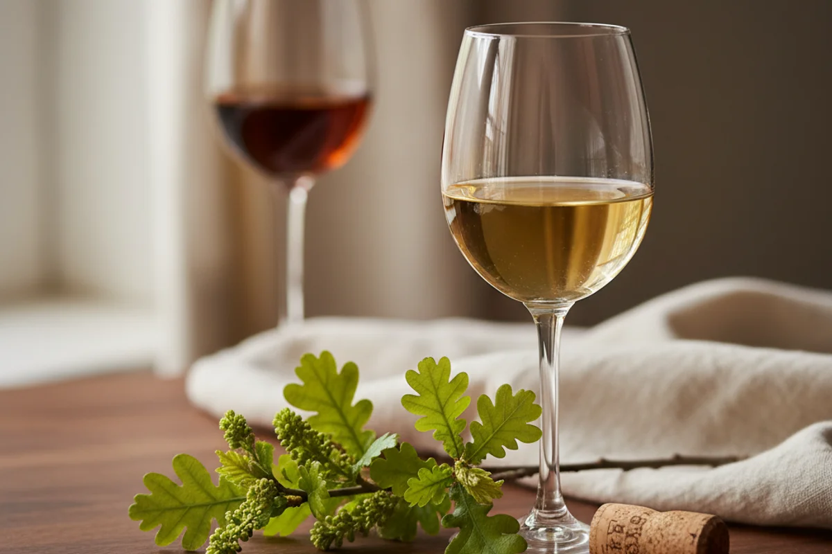 Young oak bud clusters in a rustic bowl on a walnut surface beside a glass of pale dry wine
