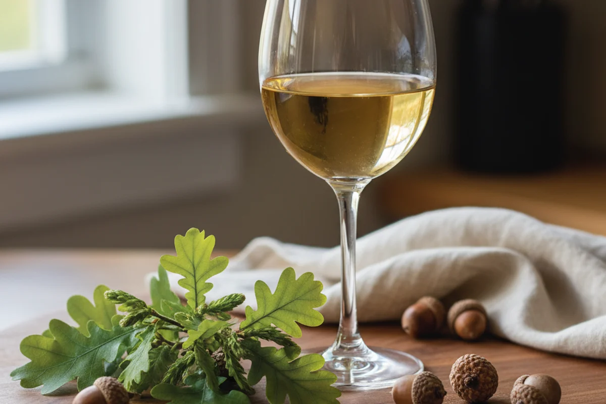 Oak buds arranged near a glass of golden sweet wine on a walnut surface in warm natural light