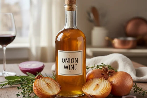Rustic onion wine in a glass jar on a walnut surface, soft natural light, cream linen nearby