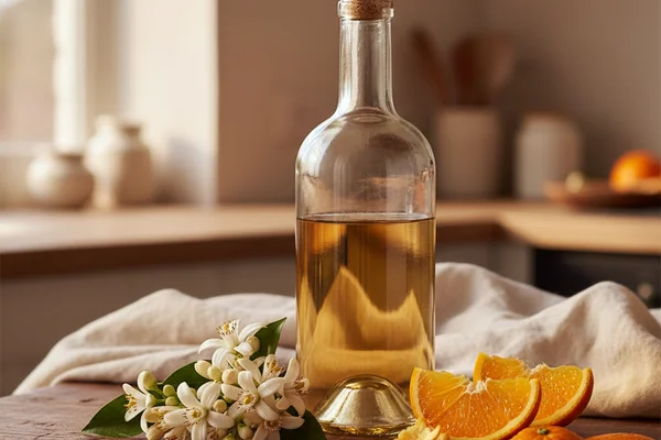 Pale golden orange blossom wine in a glass jar on a walnut surface beside dried blossoms in soft natural light