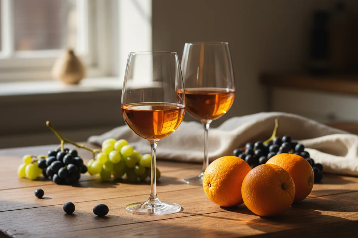 Amber-hued orange wine in a glass on a walnut surface beside a linen cloth in warm natural light