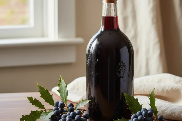 Oregon grape clusters and finished wine in a glass on a walnut surface with soft natural light