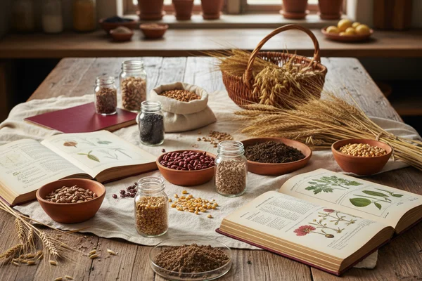 Agricultural research documents and journal abstracts spread on a walnut surface in warm natural light