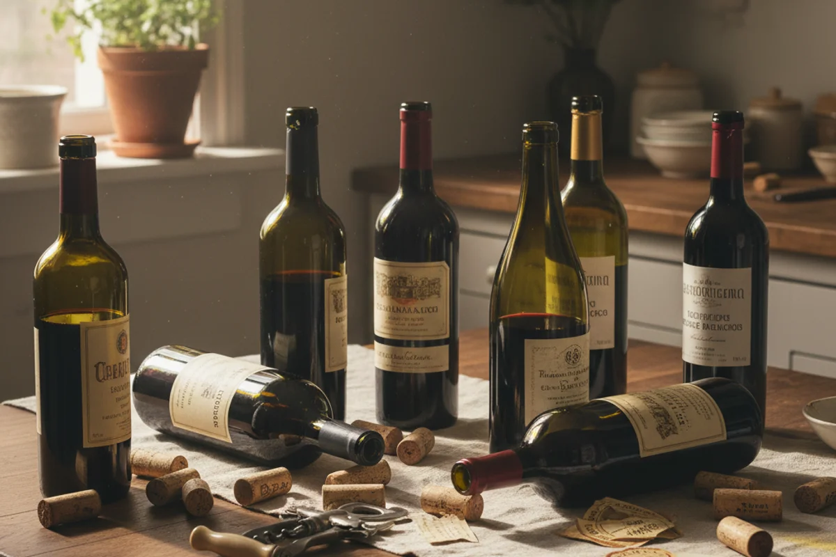 Rustic walnut table with winemaking tools and cream linen cloth bathed in warm natural light