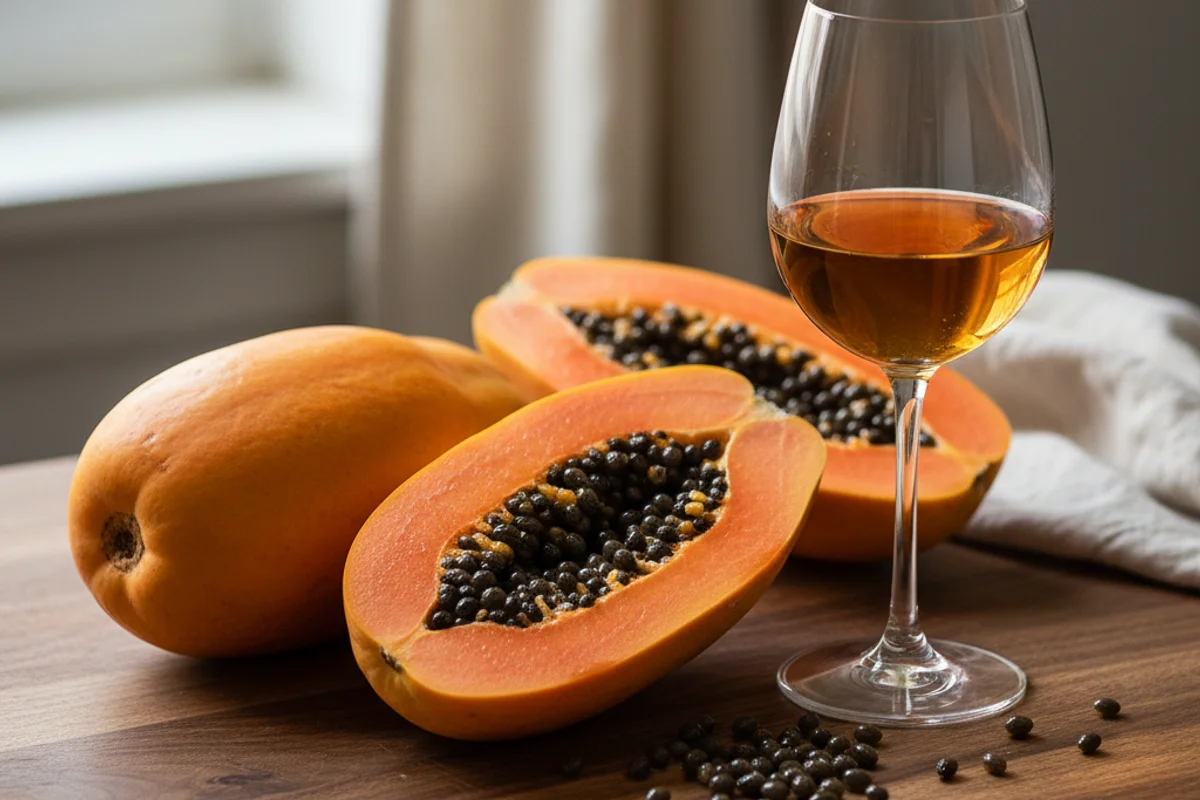 Ripe papaya halves beside a glass of golden wine on a walnut surface in warm natural light