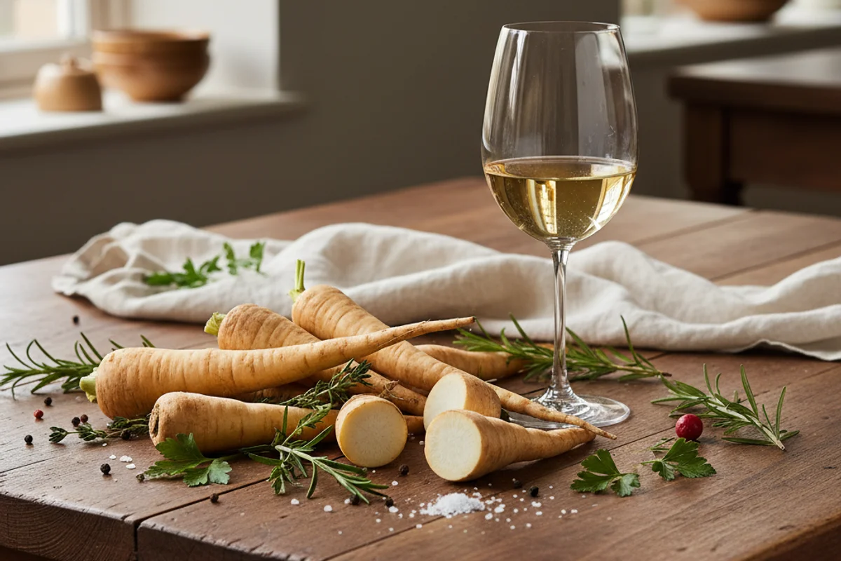 Pale parsnip wine in a glass beside fresh parsnips on a walnut surface in warm natural light