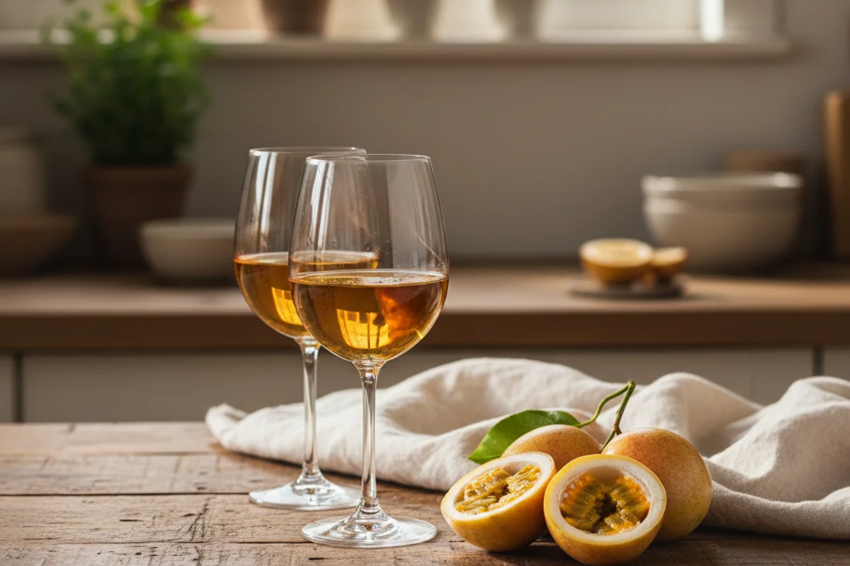 Ripe passion fruits beside a glass of golden wine on a walnut surface in warm natural light