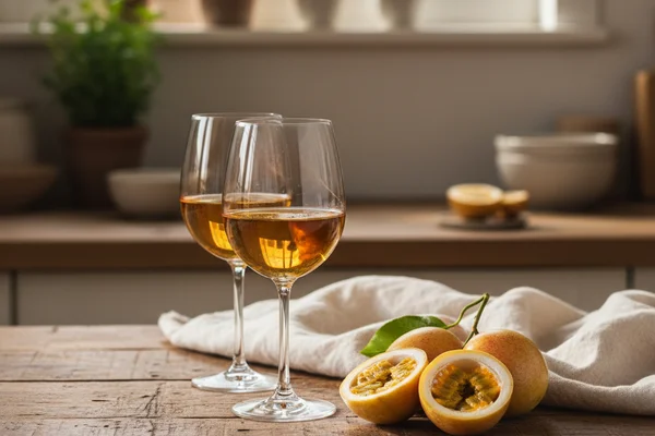 Ripe passion fruits beside a glass of golden wine on a walnut surface in warm natural light