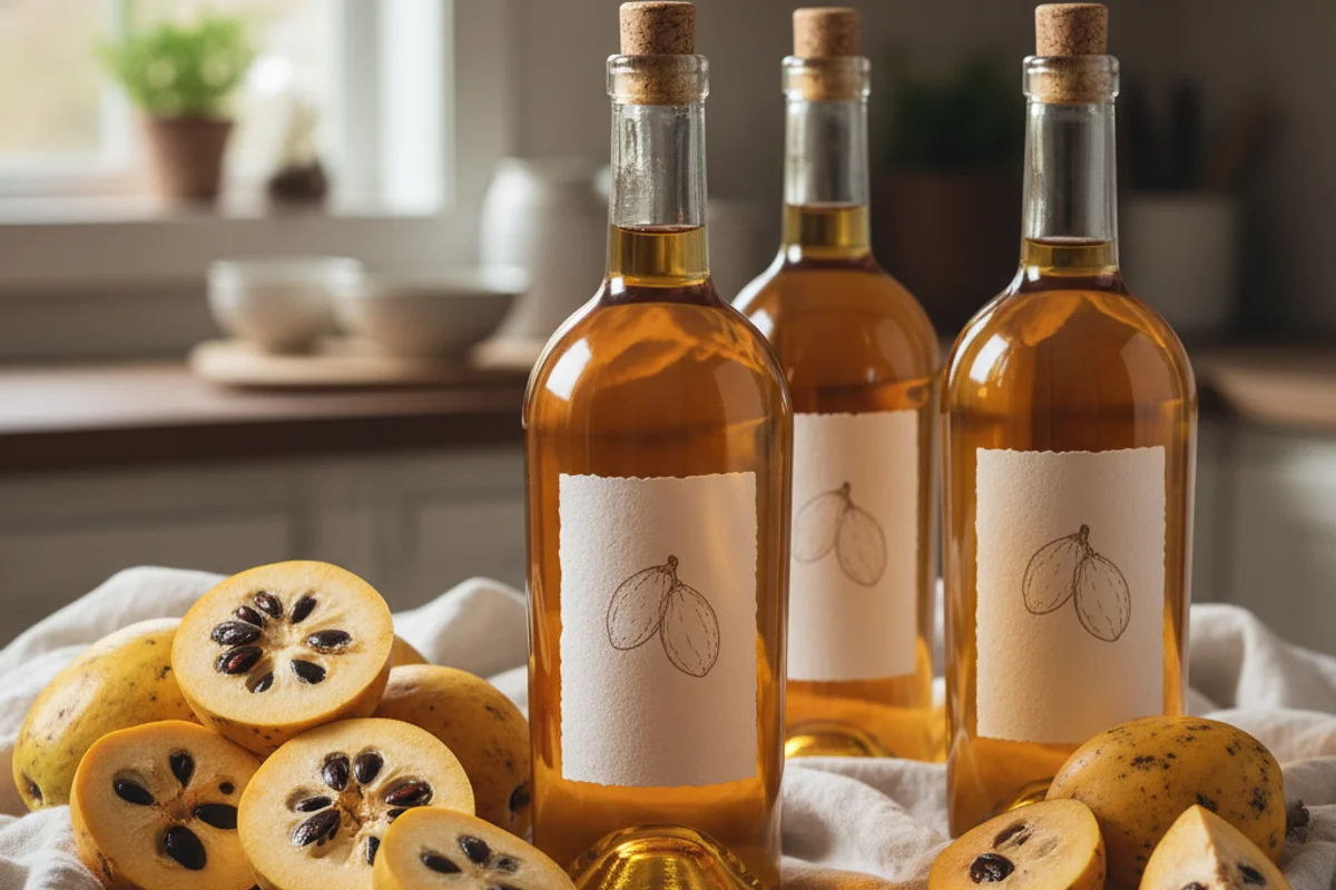 Ripe pawpaw fruit beside a glass of golden wine on a walnut surface in warm natural light