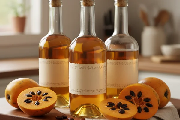 Halved pawpaw fruit beside a glass of amber wine on a warm walnut surface in soft natural light