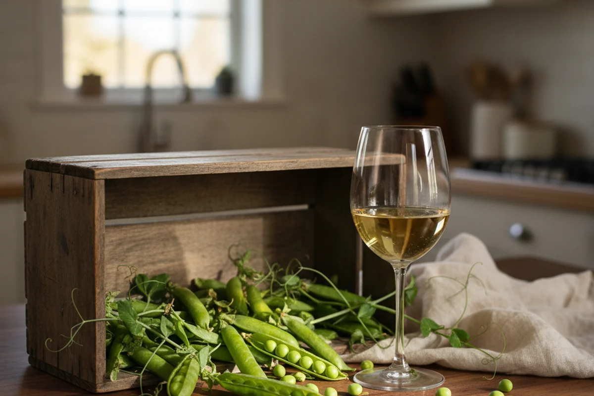 Fresh pea pods arranged on a walnut surface beside a glass of pale green wine in soft natural light