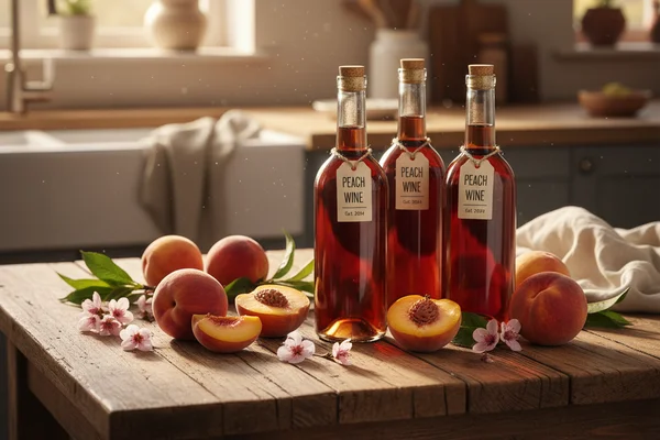 Fresh peach halves and a glass of golden peach wine on a walnut surface in warm natural light